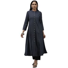 Akiko Anarkali Kurti for Women Round Neck Full Sleeves Zig Zag Print Kurta Indian Simple Ethnic Long Kurti for Girls