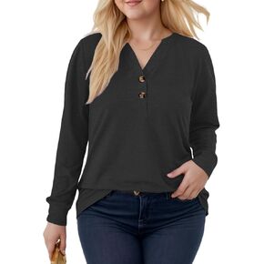 ROSRISS Plus-Size Tops for Women Henley V Neck Casual Loose Long Sleeve Shirts Dressy Buttons Up Tunics XL-5XL