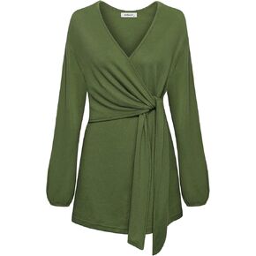 Womens Long Sleeve V Neck Tunics Cute Tie Twist Casual Tops