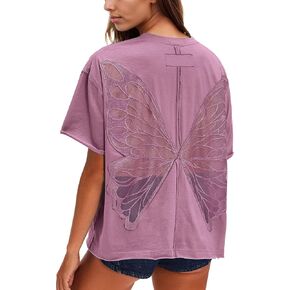 Gacaky Summer Tops Womens Solid T Shirts for Women Casual Loose Oversized Butterfly Embroidered Y2K 2025 Shirts Basic Tee