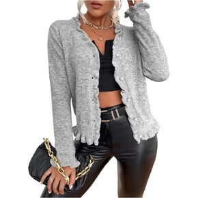GORGLITTER Women's Frill Trim Button Down Cardigan V Neck Long Sleeve Knit Sweater