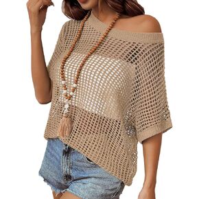 Zeagoo Short Sleeve Crochet Sweater Lightweight Summer Tops Loose Hollow Out Crewneck Pullover