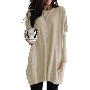 Poetsky Fall Womens Tunic or Tops to Wear with Leggings Long Sleeve Casual Long Shirts with Pockets
