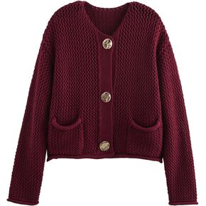 Women's Cropped Cardigan Sweaters Chunky Knit Gold Button Down Long Sleeve Open Front Cardigan with Pockets (Burgundy-M)