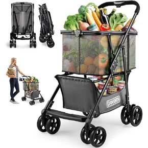 𝟮𝟬𝟮𝟰 𝐔𝐩𝐠𝐫𝐚𝐝𝐞𝐝 Folding Shopping Cart with Wheels, 80lbs Multi Use Grocery Carts with 360° Wheels & Removable Tote Bag, Multifunctional Portable Personal Shopping Carts for Groceries