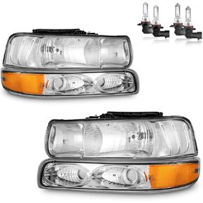 Headlight Assembly for 99-02 Chevy Silverado 1500 2500; for 01-02 Silverado 1500HD 2500HD 3500; for 00-06 Tahoe Suburban Headlight+Bumper Parking Turn Signal Marker Light 4PCS