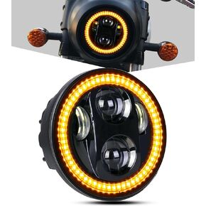 5-3/4 5.75" LED Motorcycle Headlight with Housing Bucket Smoke Halo Amber DRL Compatible with Shadow Buell Blast Cafe Racer Cruiser Motorbikes
