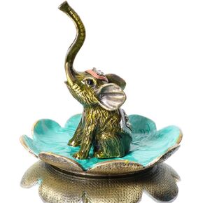 Waltz&F Raise Nose Elephant on Petal Metal Ring Jewelry Holder Trinket Box Figurine Collectible Table Centerpiece Decor