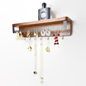 Hanging Jewelry Organizer Earring Holder Organizer Wall Mounted Necklace Hanger with 15 Hooks on Wall Door Bathroom, Wood Jewelry Rack Necklace Holder with Top Shelf for Rings -Brown