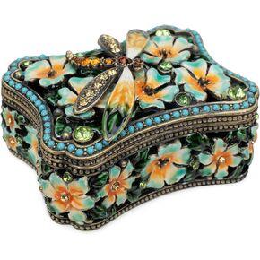 Cottage Garden Dragon Fly Green and Orange Crystals 3 x 2.5 Keepsake Decorative Memory Trinket Jewelry Ring Earring Necklace Organizer Vintage Box with Lid