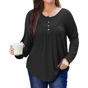 KARALIN Women Plus Size Pleated Button Up Henley Crew Neck Long Sleeve Casual Dressy Flowy Fall Tunic Tops Blouse Shirts