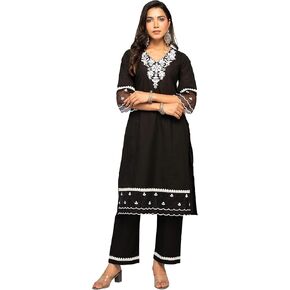 Women's Black Cotton Floral Embroidery Straight Kurta with Palazzo