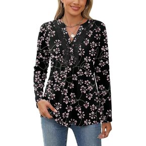 AKEWEI Womens Long Sleeve Tunic Tops Casual Pleated Henley Shirt Lace Crochet V-Neck Button Down Blouse