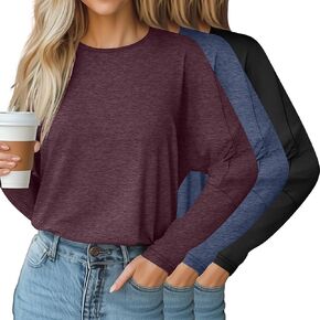 Riyiper 3 Pcs Women's Bat Long Sleeve Tops Crew Neck Tunic T Shirt Oversized Fall Winter Solid Blouses Casual Outfits