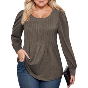 ROSRISS Womens Plus-Size Tops Puff Long Sleeve T Shirts Dressy Flowy Pleated Tunics Cute Casual Crew Neck Blouses XL-5XL in Kuwait