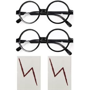 2PCS Round Wizard Glasses and 2PCS Lightning Bolt Tattoos Wizard Costume Plastic Glasses For Dress Up