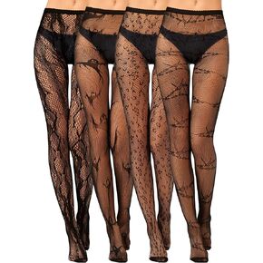 Foaincore 4 Pcs Women Fishnet Tights High Stockings Black Patterned Tights Spider Web Leopard Snake Ghost Stockings Fishnet Leggings Waist High Pantyhose for Halloween