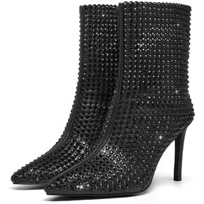 GOSERCE Rhinestone Boots for Women Ankle High Stiletto Heel Hollow Out Breathable Pointed Toe Sexy High Heel Booties Fashion with Side Zipper Party Prom Wedding Birthday