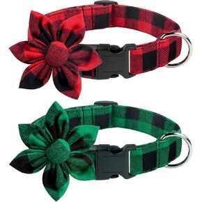 Malier 2 Pack Christmas Dog Collar with Flower, Red Dog Christmas Collar with Buckle Adjustable Cotton Collar for Small Medium Large Dogs Puppy (Small)