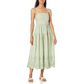 MOON RIVER Women's Sleeveless Back Tie Shirred Tiered Eyelet Midi Dress