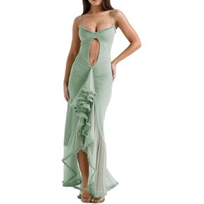 meilun Women's Cowl Neck Ruffle Wedding Guest Dress Mesh Slit Bodycon Cocktail Party Maxi Dress