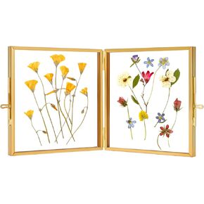 Double Glass Picture Frame Handmade, Glass Pressed Flower Frame, Hinged Brass Picture Frame Tabletop Photo Frames, Dried Flower Display Folding Frame for Home, Square, Gold, 4×6 Inches