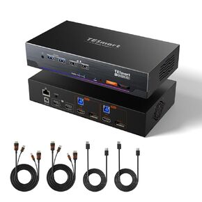 TESmart 4K@144Hz Displayport + HDMI KVM Switch 3 Monitors 2 Computers USB 3.0, HDMI 2.1 & DP 1.4 KVM Switch Triple Monitors 8K@60Hz for Gaming, Support EDID, Gigabit Network, VRR, All Cables Included