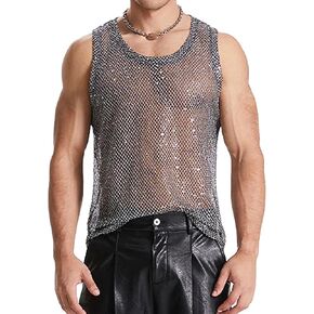 Men's Sequin Sheer Hollow Out Tank Top Sleeveless Round Neck Party Workout Cami Tops