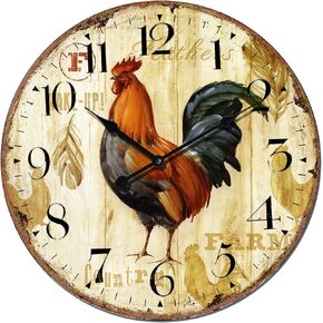 14 Inch Silent Vintage Wall Clock Battery Operated for Living Room Decor,Unique Retro Wall Clock Non-Ticking for Farmhouse Kitchen,Rustic Clock with Rooster Decorative for Bedroom Country Home