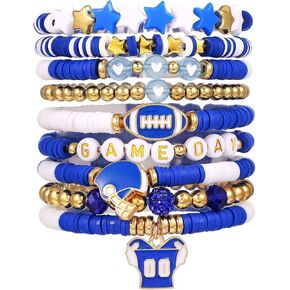 Caiyao 9Pcs Football Game Day Stackbale Bracelets Colorful Multilayer Heishi Beaded Stretch Bracelets Polymer Clay Football Rugby Friendship Charm Bracelets for Women Men Game Day Spirit Jewelry