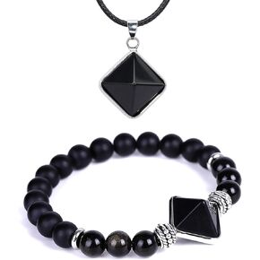 MagickRings Black Onyx Obsidian Pyramid Beaded 8mm Bracelet Necklace Energy Combination Set Natural Gemstone Multi-Protection Healing Crystal Yoga Gift Men's and Women's (Obsidian + Black Agate)… in Kuwait