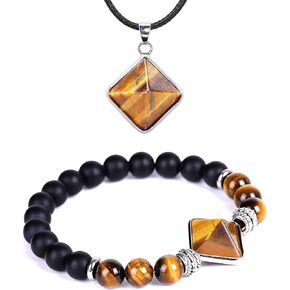 MagickRings Black Onyx Obsidian Pyramid Beaded 8mm Bracelet Necklace Energy Combination Set Natural Gemstone Multi-Protection Healing Crystal Yoga Gift Men's and Women's (Obsidian + Black Agate)…