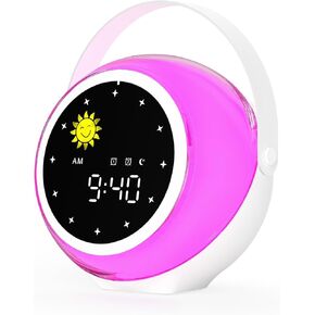 Kids Alarm Clock for Bedroom Decor, Ok to Wake Digital Clock for Toddler with Sunrise & Moon, Noise Sound Machine & Night Light for Girls/Boys, Children Sleep Trainer (Pink)