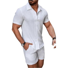 SOLY HUX Men's 2 Piece Outfits Casual Solid Button Down Short Sleeve Shirt and Shorts Set