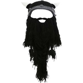 Men's Head Barbarian Vagabond Beanie Long Beard Viking Knit Hat Bull Horn Handmade Knit Warm Ski Cap Funny Party hat
