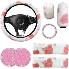 LUOYOYY 8 Pack Cute Cow Print Plush Fluffy Steering Wheel Covers Set with Fluffy Gear Shift Cover & Handbrake Cover & Fuzzy Seat Belt Pads & Car Coasters and Bling Emblem Sticker for Women (Pink)