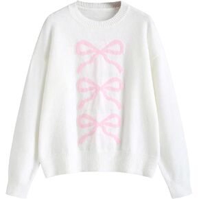 GORGLITTER Women's Bowknot Graphic Sweater Long Sleeve Crewneck Loose Drop Shoulder Pullover Tops