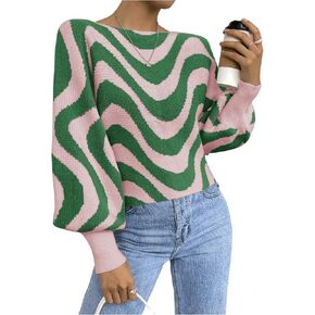 Women's Striped Pattern Boat Neck Long Sleeve Sweater Top Pullovers