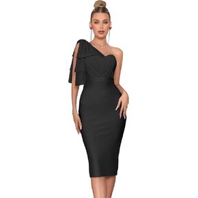 Mesh One Shoulder Bow Bodycon Midi Graduation Birthday Dinner Dress Bandage Party Dress