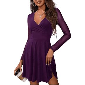 SOLY HUX Women's Sheer Mesh Wrap V Neck Flared Mini Dresses Long Sleeve Flowy Party Dress