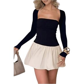 MakeMeChic Women's Rib Knit Square Neck Long Sleeve Mini Dress Ruffle A Line Flare Short Dresses