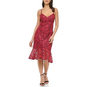 GUESS Women's Lace Midi with Flounce Hem Dress