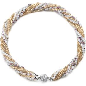 COOLSTEELANDBEYOND Champagne Gold Rainbow Beads Necklace Multi-Layer Crystal Braided Chain Choker Collar Magnetic Clasp