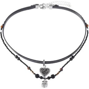 Two Piece Women Black Beaded Leather Choker Necklace with Charm Crystals Heart Shaped Pendant, Black