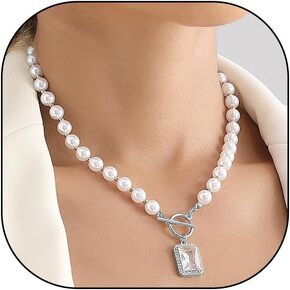 Gold Pearl Crystal Pendant Necklace for Women,Silver Pearl Beaded Large Square Rhinestone OT Clasp Choker Necklace Fashion Punk Necklace
