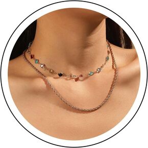 Andelaisi Boho Layered Rainbow Crystal Choker Necklace Colorful Rhinestone Necklace Chain Vintage CZ Choker Necklace Punk Gold Twist Rope Chain Necklace Jewelry for Women