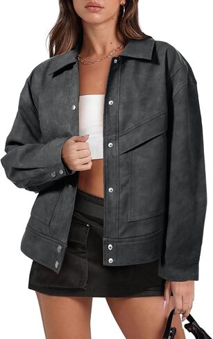 Cicy Bell Womens Faux Leather Bomber Jackets Button Down Vintage Casual Moto Coats Loose Fit Fall Fashion Outerwear in Saudi Arabia