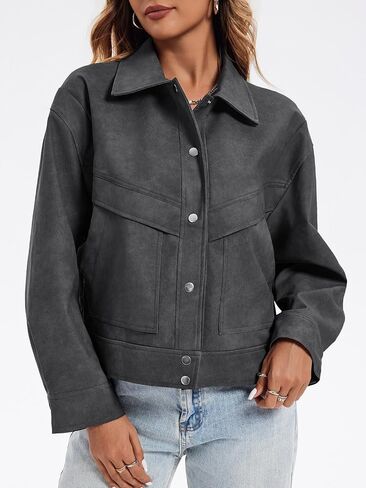 Cicy Bell Womens Faux Leather Bomber Jackets Button Down Vintage Casual Moto Coats Loose Fit Fall Fashion Outerwear in Saudi Arabia