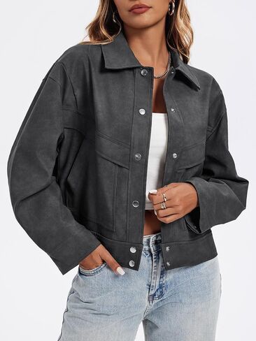 Cicy Bell Womens Faux Leather Bomber Jackets Button Down Vintage Casual Moto Coats Loose Fit Fall Fashion Outerwear in Saudi Arabia