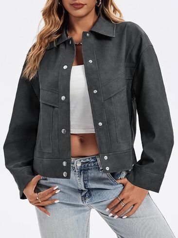 Cicy Bell Womens Faux Leather Bomber Jackets Button Down Vintage Casual Moto Coats Loose Fit Fall Fashion Outerwear in Saudi Arabia